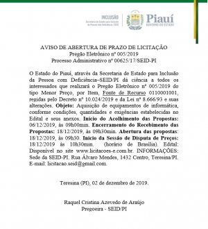 AVISO DE ABERTURA DE PRAZO DE LICITAÇÃO